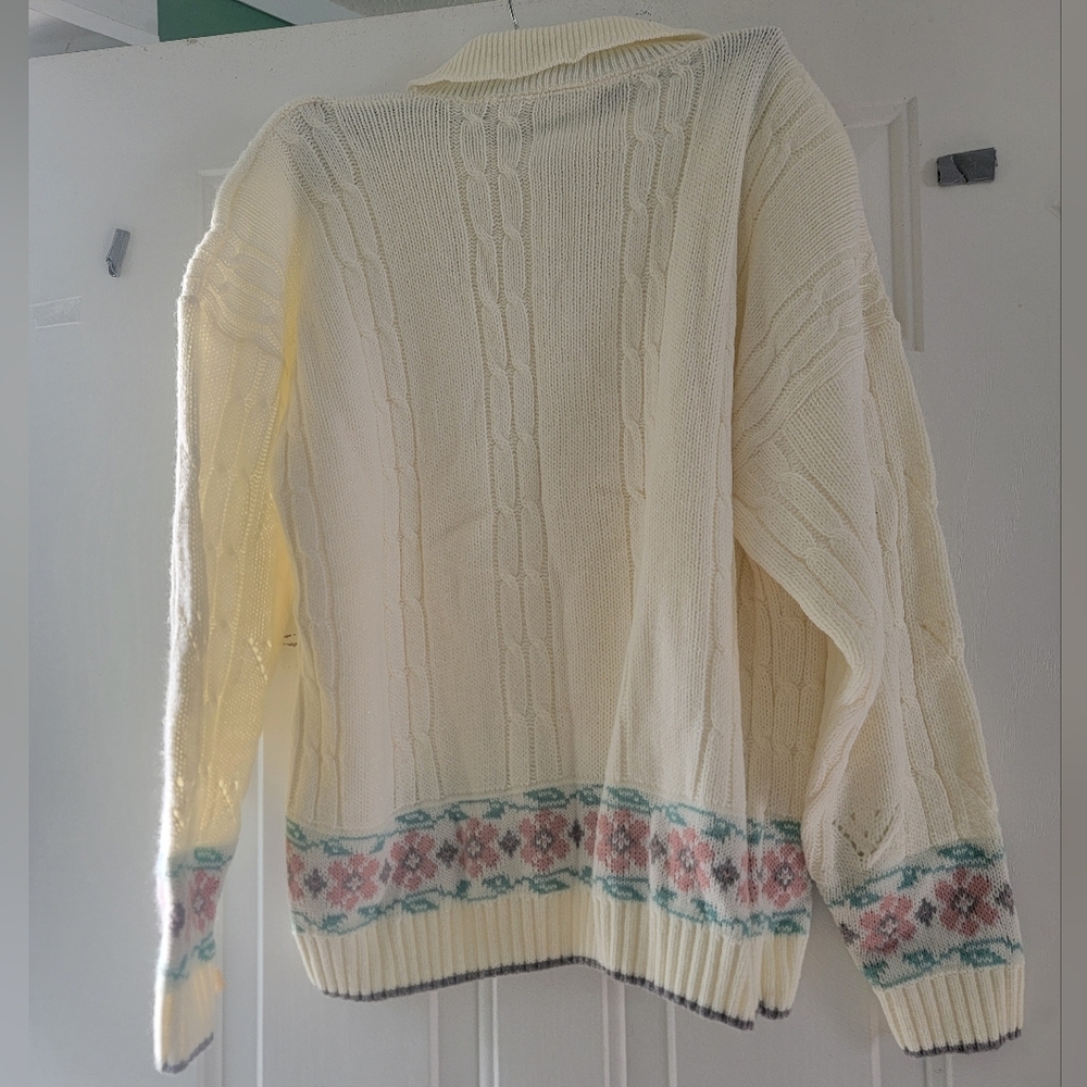 Cricket Lane Cozy Cream Floral  button-down collar Sweater Vintage - Picture 5 of 8